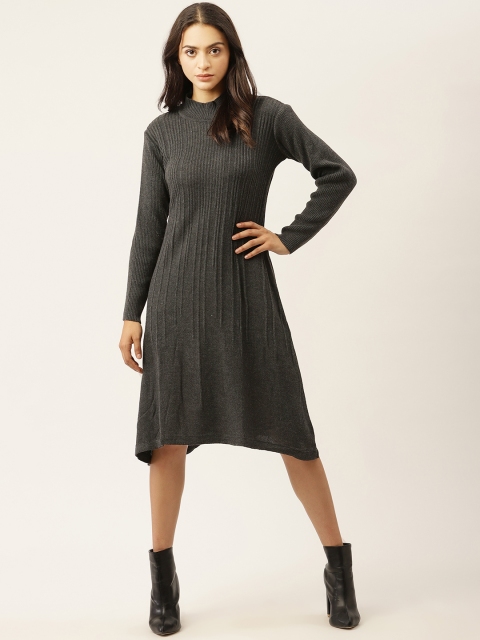 

American Eye Women Charcoal Grey Striped Sweater Dress