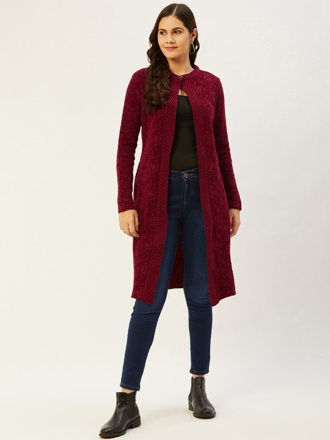 

American Eye Women Maroon Floral Design Longline Front-Open Sweater