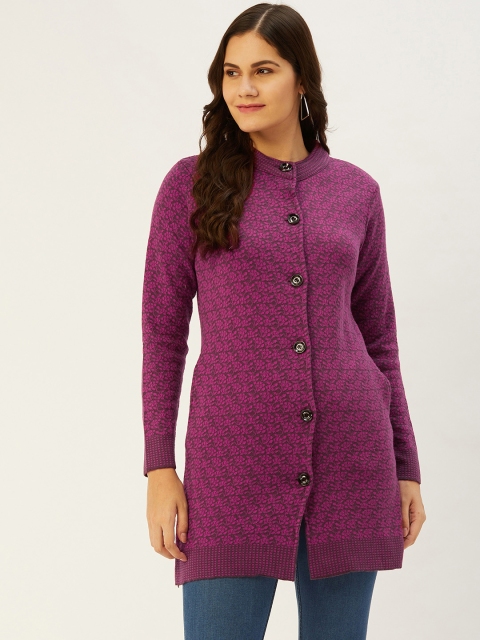 

American Eye Women Pink & Grey Self-Design Longline Cardigan