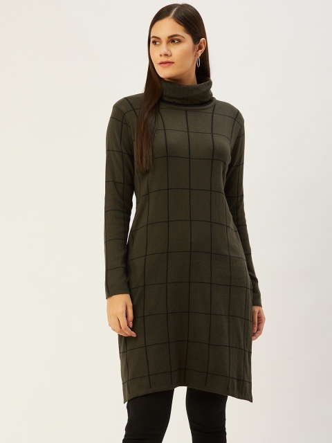 

American Eye Women Olive Green & Black Checked Straight Winter Kurta