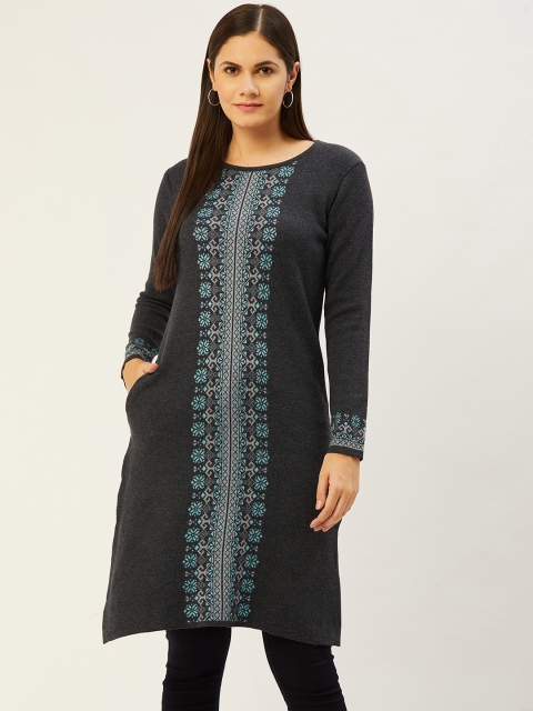 

American Eye Women Charcoal Grey & Blue Self-Design Knitted Winter Kurta