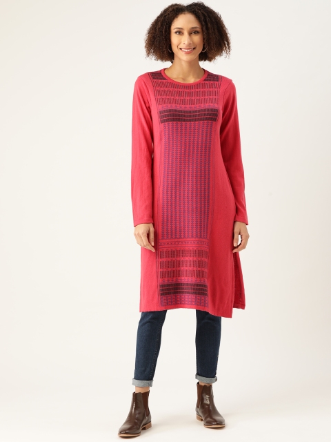 

American Eye Women Pink & Purple Geometric Self-Design Straight Winter Kurta