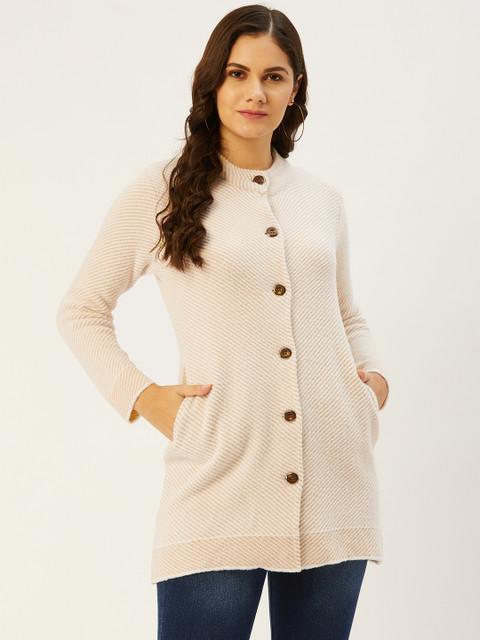 

American Eye Women Off White & Beige Chevron Patterned Cardigan