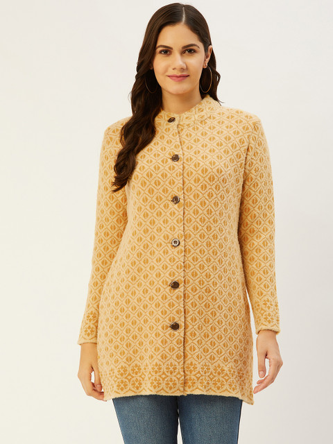

American Eye Women Yellow Self Designed Longline Cardigan Sweater
