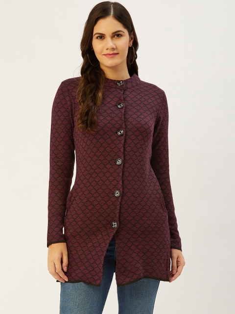 

American Eye Women Burgundy & Black Self-Design Cardigan
