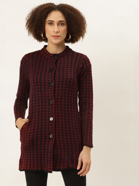 

American Eye Women Maroon & Black Self-Design Longline Cardigan