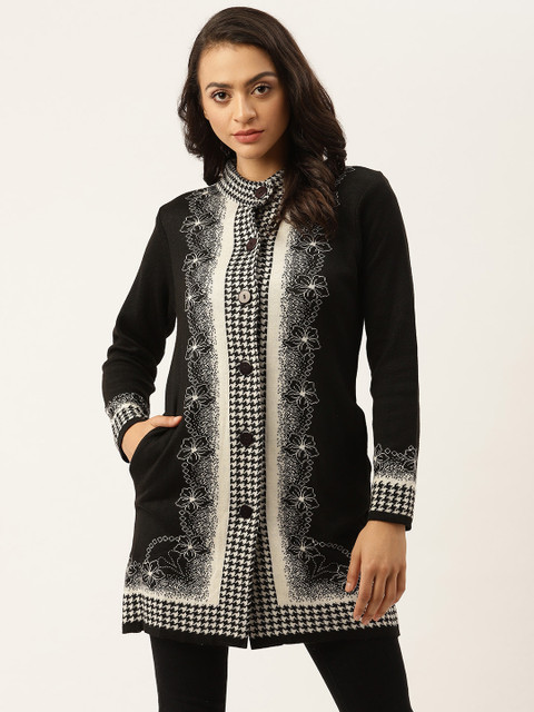

American Eye Women Black & White Ethnic Motifs Design Longline Cardigan