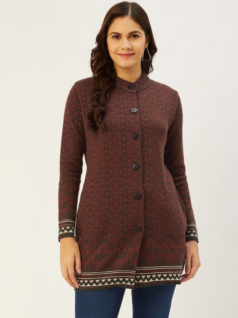 

American Eye Women Rust Orange & Charcoal Grey Self-Design Longline Cardigan