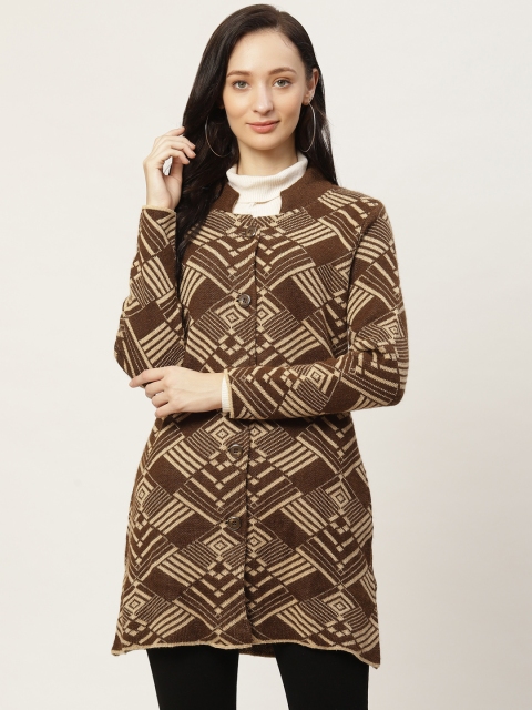 

American Eye Women Brown & Beige Self Design Longline Cardigan