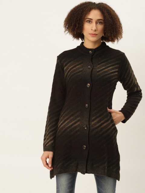 

American Eye Women Brown & Black Striped Longline Cardigan
