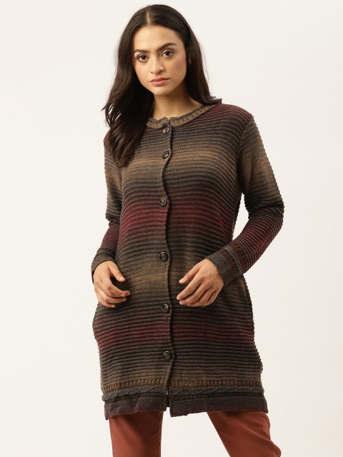 

American Eye Women Brown & Maroon Striped Longline Cardigan
