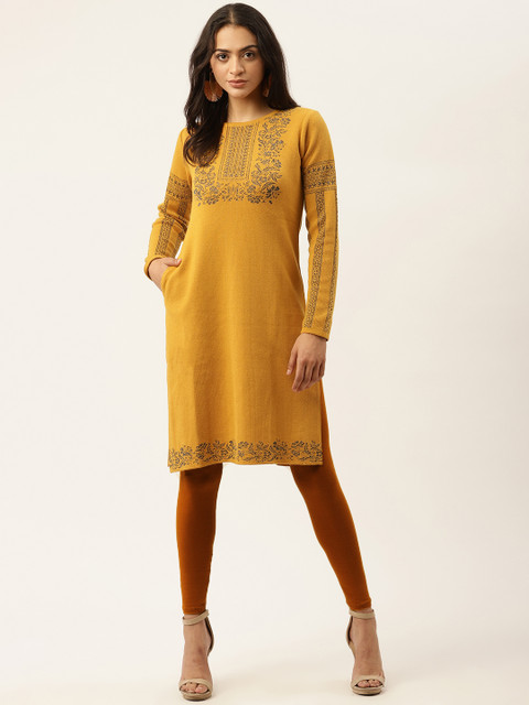 

American Eye Women Mustard Yellow & Silver Ethnic Motifs Yoke Design Straight Winter Kurta