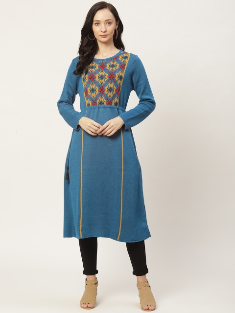 

American Eye Women Teal Blue & Mustard Yellow Ethnic Yoke Design Kurta