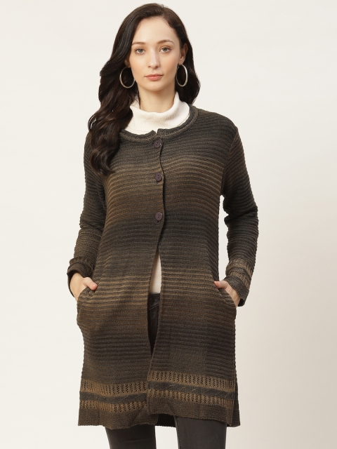 

American Eye Women Olive Brown & Charcoal Grey Striped Longline Cardigan