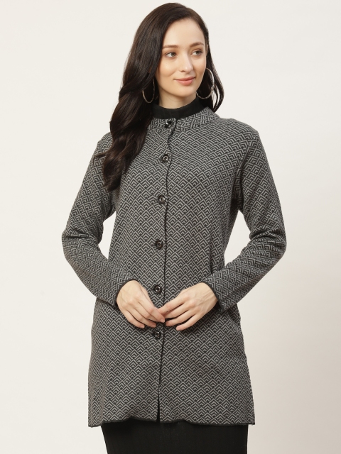 

American Eye Women Charcoal Grey Geometric Woven Design Longline Cardigan