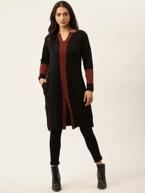 

American Eye Women Black & Maroon Solid A-Line Winter Kurta