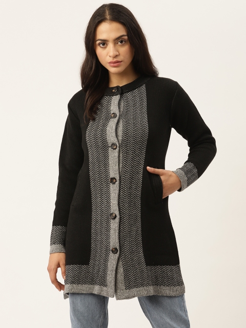 

American Eye Women Black & Grey Colourblocked Longline Cardigan