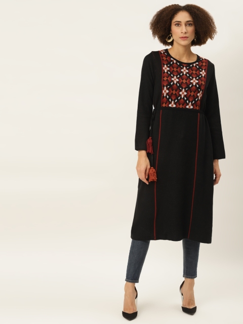 

American Eye Women Black & Red Ethnic Motifs Printed Winter Kurta