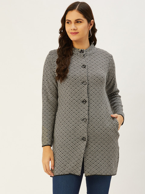 

American Eye Women Black & White Self-Design Longline Cardigan