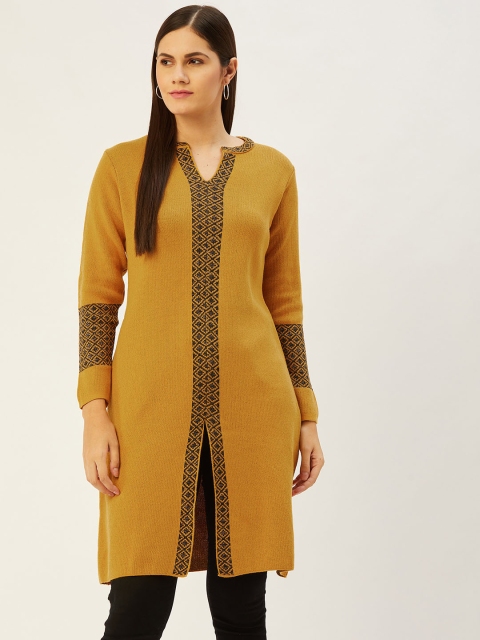 

American Eye Women Mustard Yellow & Navy Blue Geometric Woven Design Winter Kurta