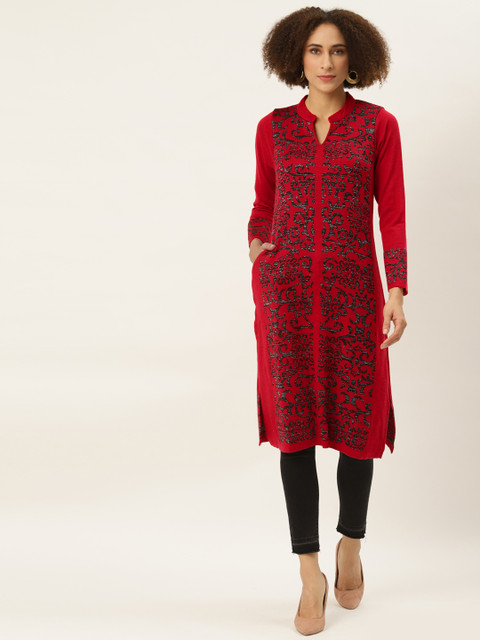 

American Eye Women Red & Black Ethnic Motifs Knitted Winter Kurta
