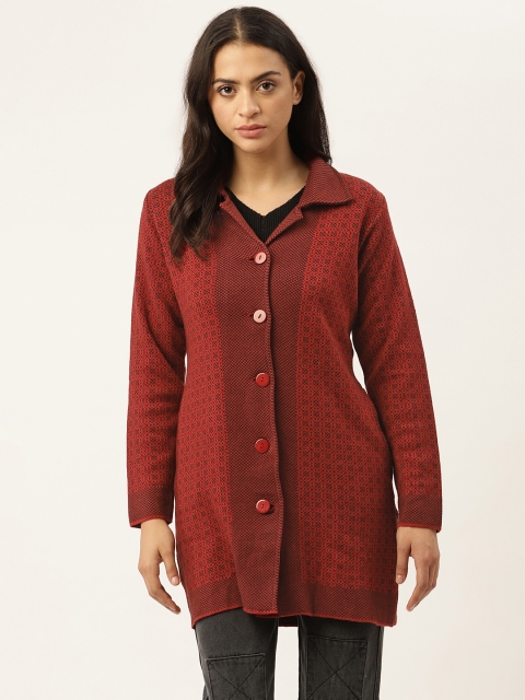 

American Eye Women Maroon & Black Geometric Design Longline Cardigan