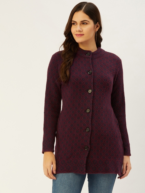 

American Eye Women Burgundy & Navy Blue Self-Design Cardigan