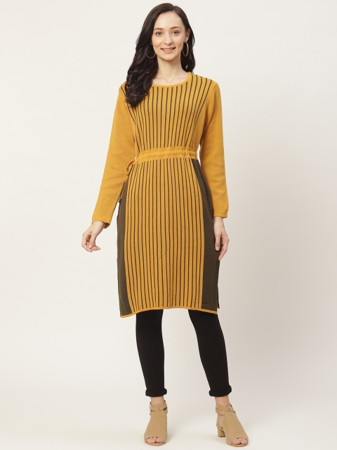 

American Eye Women Mustard Yellow & Olive Green Woven Striped Kurta