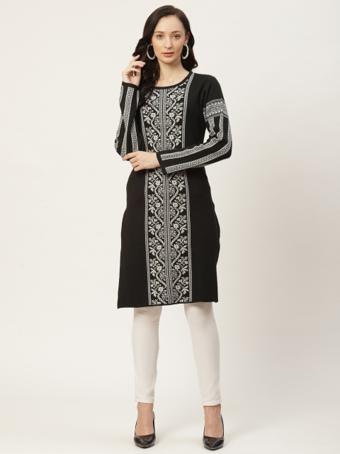 

American Eye Women Black & White Self-Design Knitted Winter Kurta