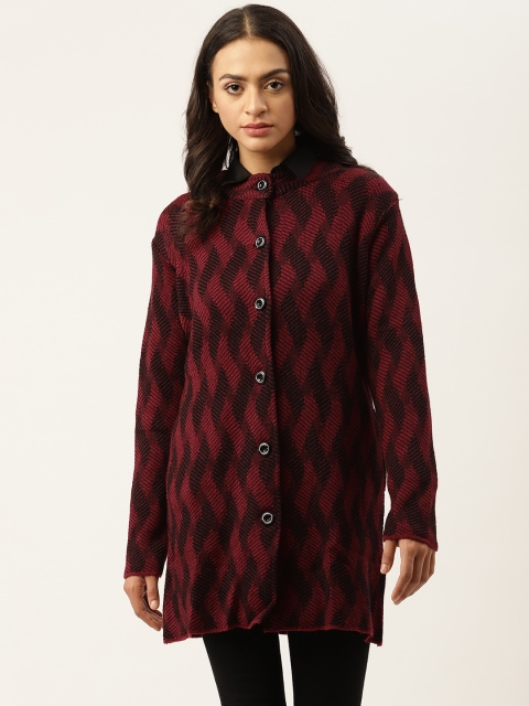 

American Eye Women Maroon & Black Chevron Longline Cardigan