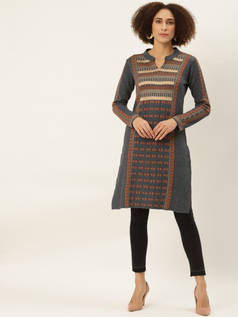 

American Eye Women Grey Melange & Beige Ethnic Motifs Printed Winter Kurta