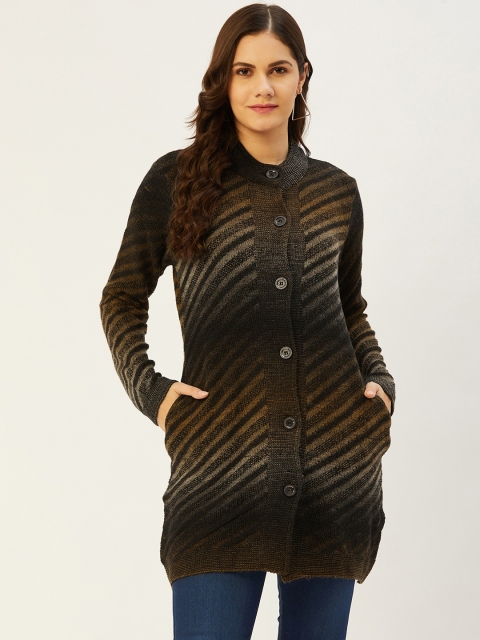 

American Eye Women Brown & Black Striped Longline Cardigan