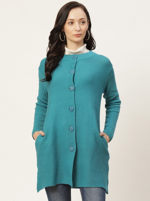 

American Eye Women Turquoise Blue Striped Longline Cardigan