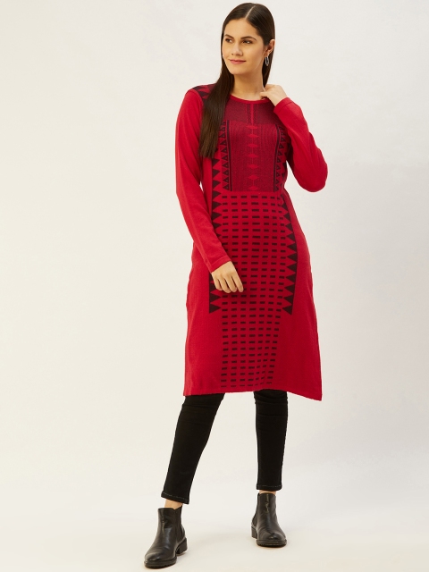 

American Eye Women Red & Burgundy Geometric Woven Design Winter Kurta