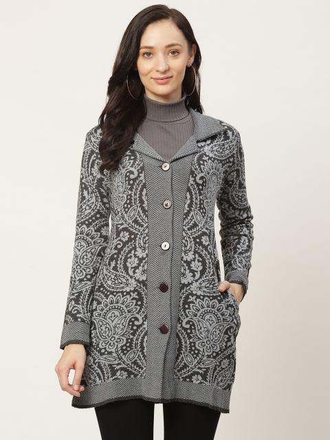 

American Eye Women Grey & Black Woven Ethnic Design Longline Cardigan