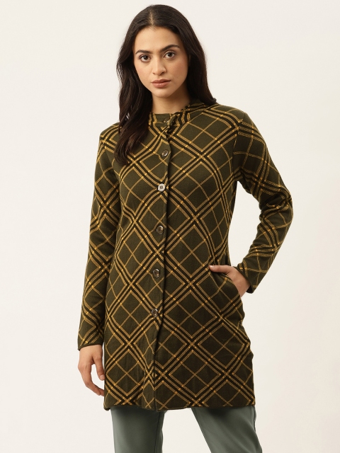 

American Eye Women Olive Green & Mustard Yellow Checked Longline Cardigan