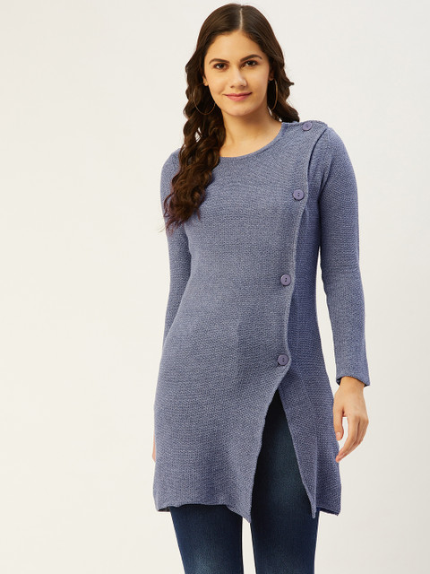 

American Eye Women Blue Solid Button Detail Longline Pullover