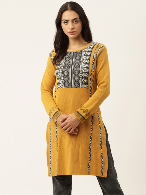 

American Eye Women Mustard Yellow & Black Ethnic Motifs Yoke Design Winter Kurta