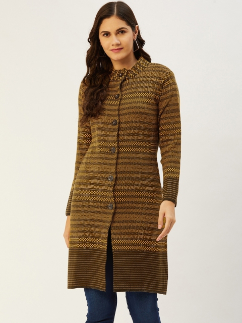 

American Eye Women Olive Green & Mustard Yellow Striped Longline Cardigan