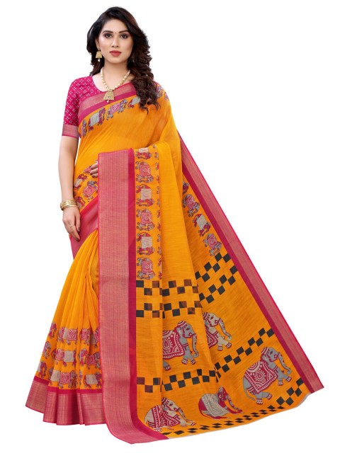 

KALINI Yellow & Pink Printed Ethnic Motifs Saree