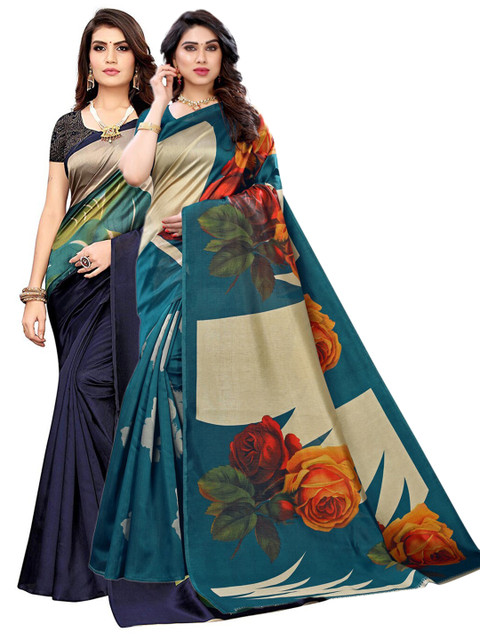 

KALINI Pack Of 2 Teal & Navy Blue Ethnic Motifs Printed Sarees
