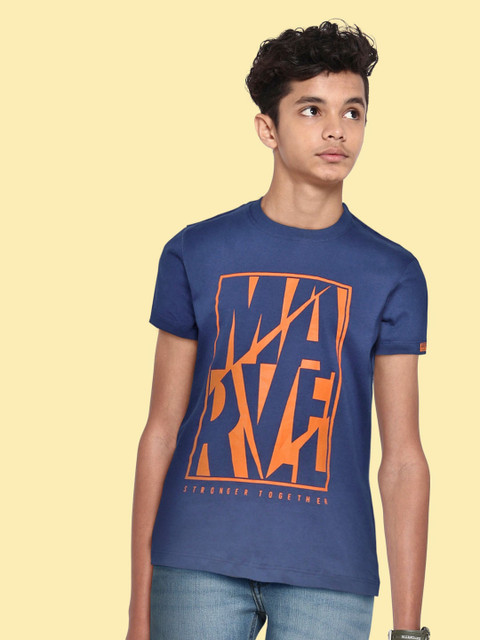 

YK Marvel Boys Navy Blue & Orange Cotton Typography Printed T-shirt