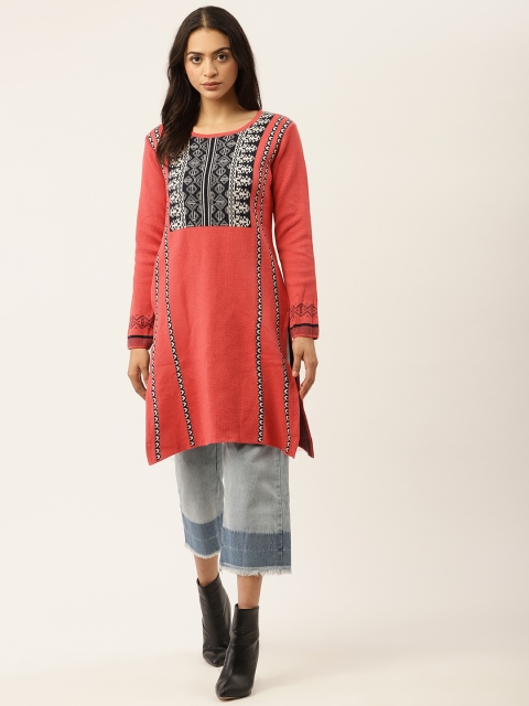 

American Eye Women Coral Pink & Black Ethnic Motifs Yoke Design Winter Kurta
