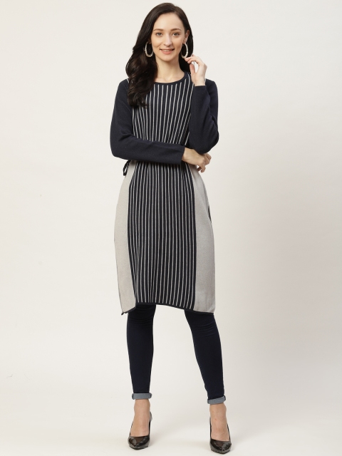 

American Eye Women Navy Blue & Grey Striped Winter Kurta
