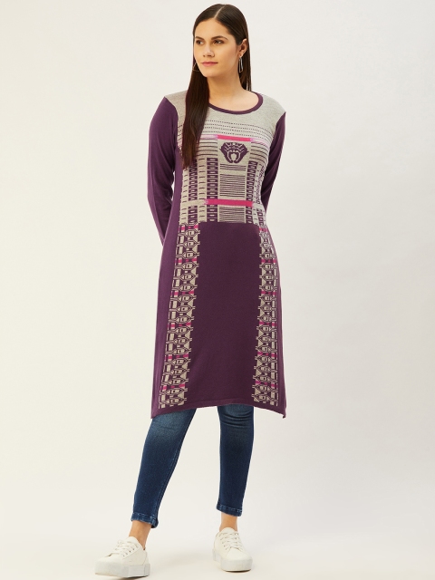 

American Eye Women Purple & Grey Geometric Woven Design Winter Kurta