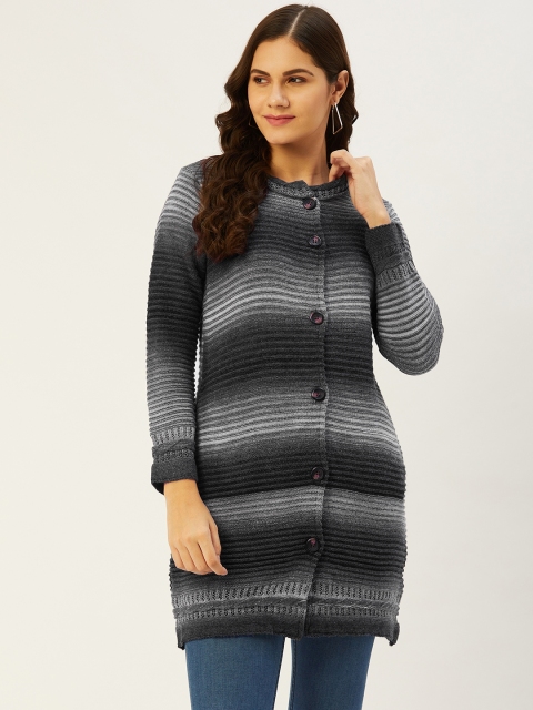 

American Eye Women Charcoal Grey & Off White Striped Longline Cardigan