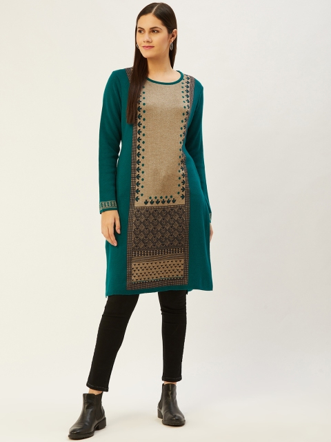 

American Eye Women Green & Beige Ethnic Motifs Straight Winter Kurta
