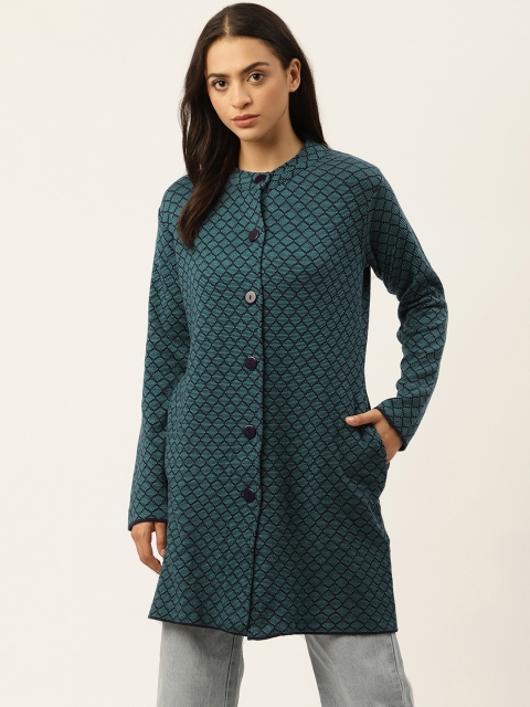 

American Eye Women Teal Blue & Navy Blue Checked Longline Cardigan