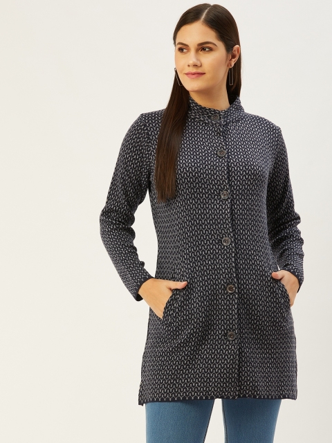 

American Eye Women Navy Blue & Grey Self-Design Cardigan