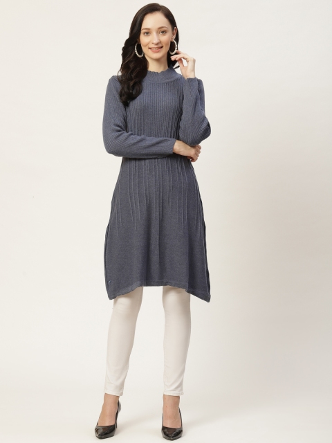 

American Eye Women Blue Self-Striped Knitted Winter Kurta